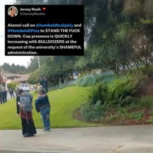 Indya Moore Instagram - Demand Cal Poly Humboldt president and administration stand down! 

☎️ 707.826.3311 & 562.951.4000
📧 mailto:president@humboldt.edu & csu-chancellor@calstate.edu

Cal Poly Humboldt Student Response to Admin Escalation 

We are disappointed to receive an email from campus administration announcing a “hard close” of campus. Allowing only those with permission to enter campus at this time. Anyone on campus is subject to citation or arrest. 

Police were present at the time the email went out, setting up concrete barriers at all campus entrances. Students living on campus are restricted to their dorms and residential areas. 

We have and remain to be a peaceful protest. In negotiations with administration yesterday we were given the impression that negotiations would continue however, they have recently informed us that they refuse to negotiate further. 

We are concerned for the potential of police escalation at this time. We showed good faith in our negotiations and deescalation yesterday by reopening Siemens Hall. Administration has not kept their end of the agreement. 

We love and care for our community and continue to stand in solidarity with other campuses for a free Palestine. 

Shame on administration for silencing the free speech of our brave students. 

We, as ever, are not afraid.