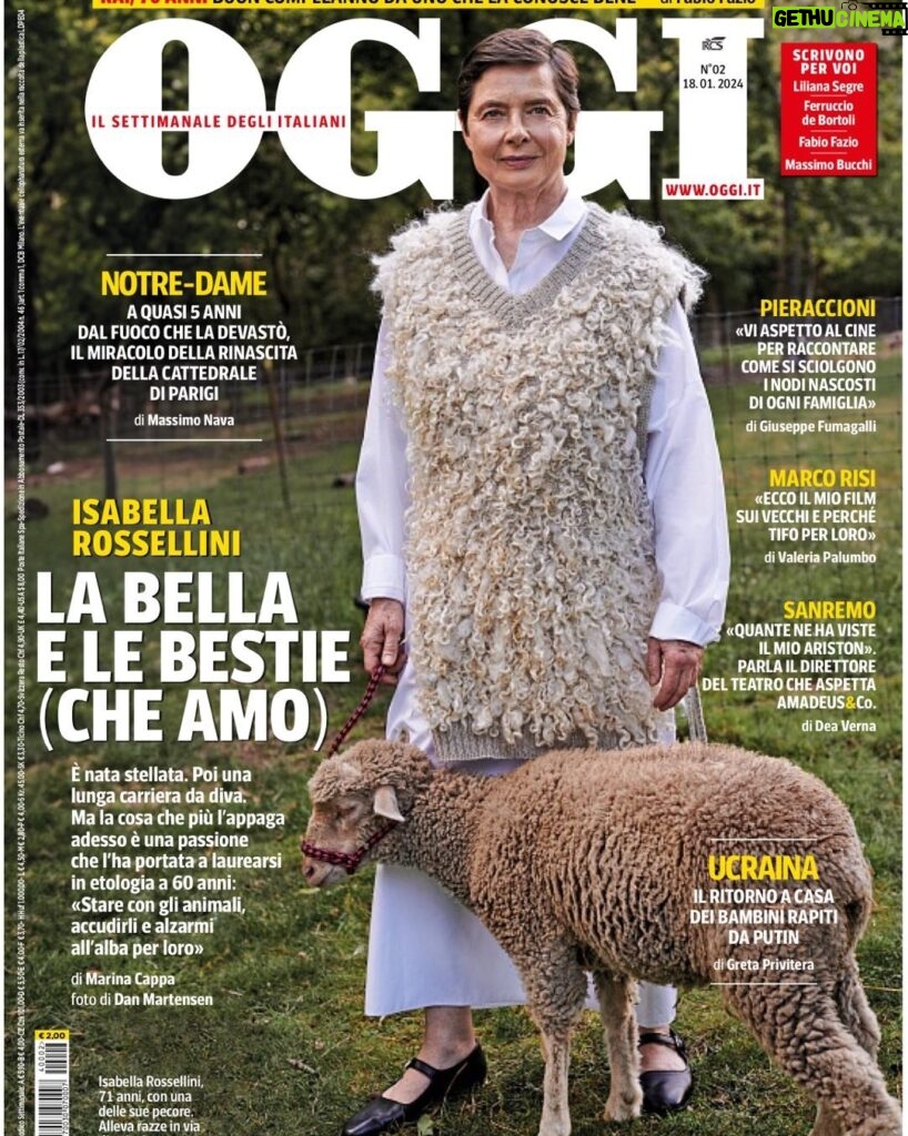 Isabella Rossellini Instagram - On the cover of OGGI Italian magazine wearing fashion created by @aislingcamps with the wool from my farm @mamafarm . This item was inspired by my sheep O’Keefe my favorite because she lets me caress her . O’Keefe is a heritage breed called Lincoln Long Wool. “ Heritage breed” is the term used for farm animals that are rare, some critically endangered. @livestockconservancy .The article is about my tour of my monologue DARWIN’S SMILE that I am about to bring in Italy. Bassano del Grappa @teatroremindini , Vicenza @tcvicenza , Assisi @umbriagreenfestival , Trieste and Firenze @teatrodellapergola I will also be in BOLOGNA January 17th at the great CINEMA MODERNISSIMO @cinetecabologna to present the 40 short films I made about animals