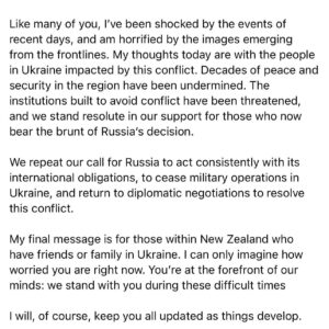 Jacinda Ardern Instagram - I know many of you will have seen the news coming out of Ukraine over the past 24 hours, so I wanted to write an update on the steps we’re taking as a Government, and what you can expect as the situation continues to unfold.
