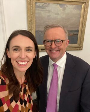 Jacinda Ardern Instagram - Just finished up a lovely dinner with the new Prime Minister of Australia, Anthony Albanese. He was kind enough to gift me Midnight Oil, Spiderbait and Powderfinger on vinyl, so we left him with a few Flying Nun treats in return. Looking forward to the formal meeting we have scheduled for tomorrow, there’s a lot on the agenda!