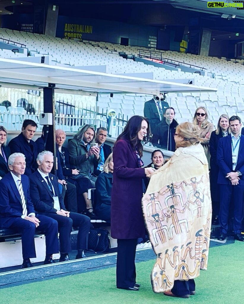 Jacinda Ardern Instagram - And just like that, we’re straight into a trade mission in Australia. The Australia New Zealand leadership forum is scheduled for this week so we have brought over a delegation of New Zealand exporters and businesses. We started with a welcome to country ceremony led by Aunty Joy Wandin Murphy, which was held at the MCG. A quick briefing with the business delegation and then an evening event with Global Victoria. Jet lag is starting to hit me hard, so I’ll spare you any attempts at a more creative caption till tomorrow!