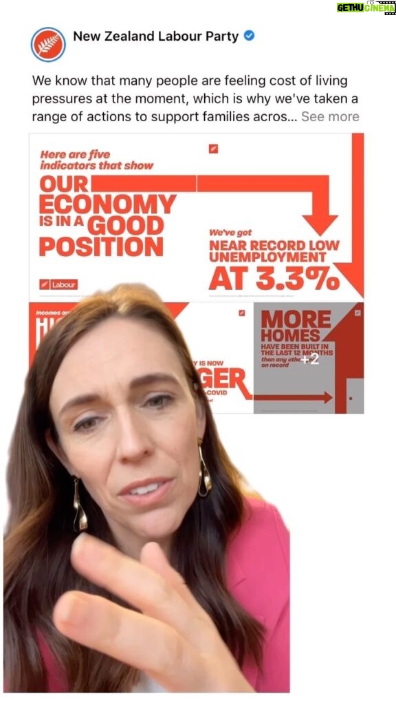 Jacinda Ardern Instagram - First attempt at a floating green screen….thought I’d use it to share a few insights into the New Zealand economy at the moment. It’s tough out there globally, but there are reasons for us to feel optimistic about the future. Here’s a few!
