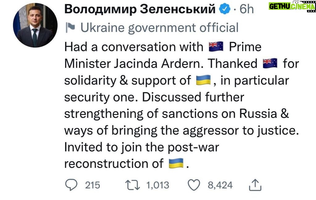 Jacinda Ardern Instagram - This morning I had the chance to speak with President Zelensky. I passed on New Zealand’s solidarity, and our commitment to keep standing with Ukraine as they fight the illegal invasion of their country.