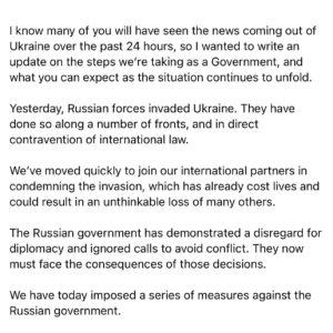 Jacinda Ardern Instagram - I know many of you will have seen the news coming out of Ukraine over the past 24 hours, so I wanted to write an update on the steps we’re taking as a Government, and what you can expect as the situation continues to unfold.
