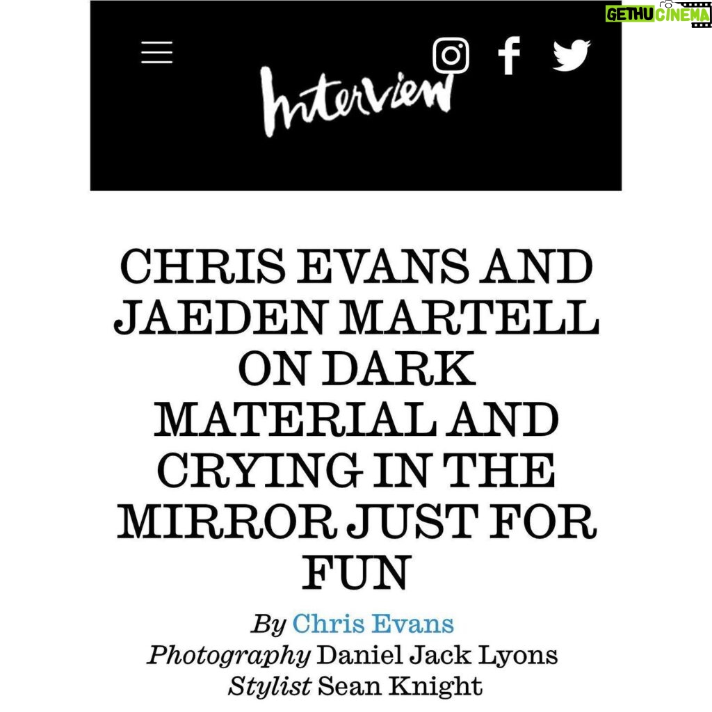 Jaeden Martell Instagram - Many thanks to @interviewmag and @chrisevans for chatting with me! photos-@danieljacklyons styling- @seanknight editor-@nickkharamis grooming- mom