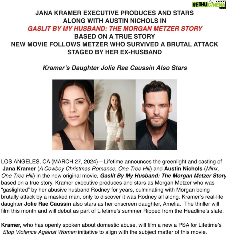 Jana Kramer Instagram - There is a lot to say around this but for now….I am ready to bring this true story to life and be a conduit for freedom for other women. Also wildly proud to have my daughter play my on screen daughter alongside me and of course work again with @austinnichols. Thank you @lifetimetv for this next journey #domesticviolenceswareness