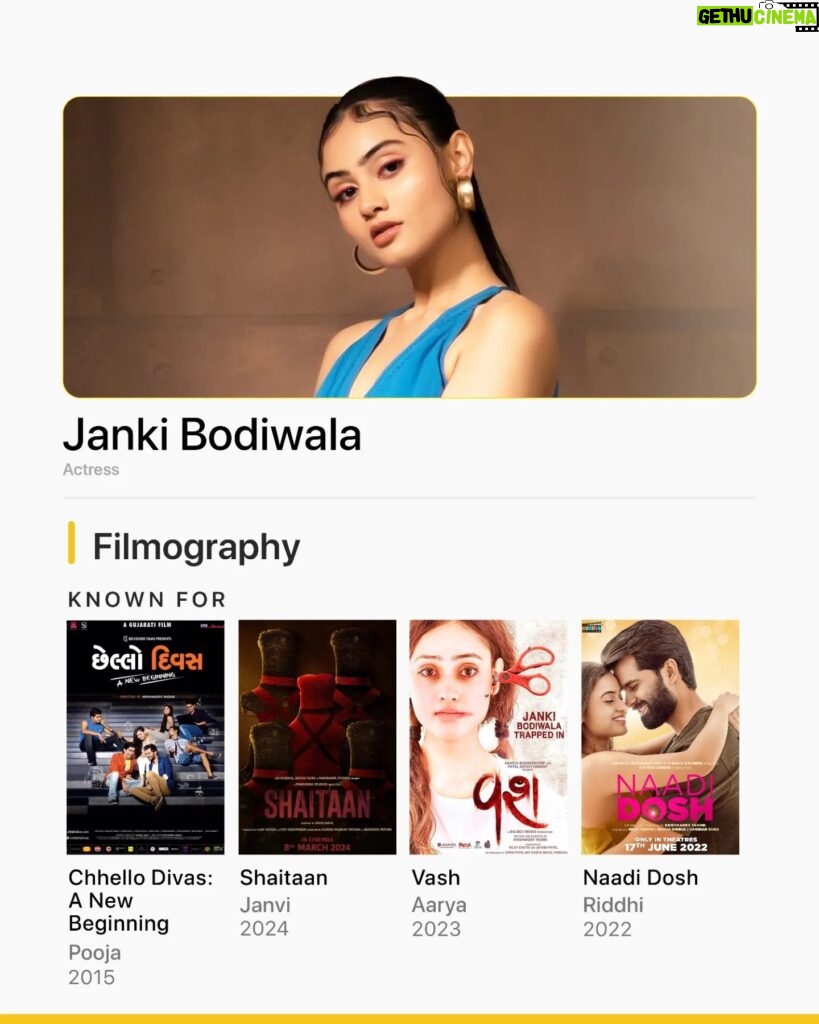 Janki Bodiwala Instagram - With Shaitaan currently running in theatres, say ch-hello to @jankibodiwala's filmography and keep your watchlist updated with our "Known For", and many more🍿💛 🎬: Shaitaan | In Theatres Vash Naadi Dosh Chhello Divas: A New Beginning