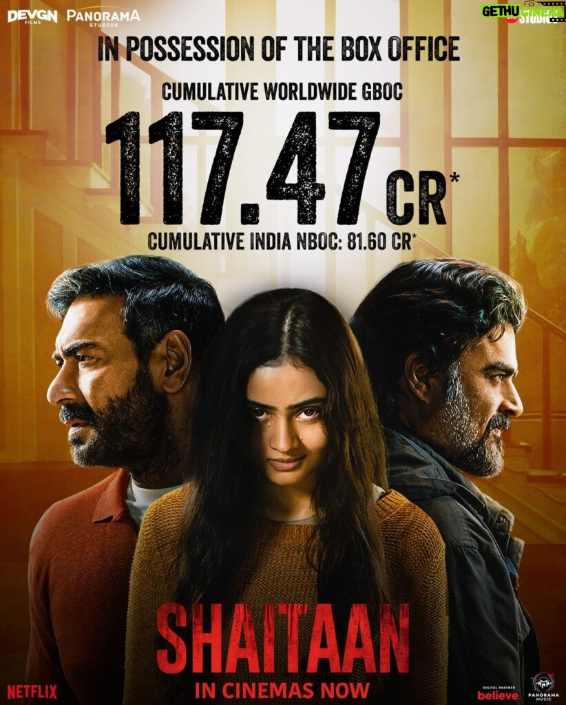 Janki Bodiwala Instagram - We are thrilled to see Shaitaan take control of the box office! 🙌 Book your tickets now, link in bio. #Shaitaan has now taken over cinemas. @ajaydevgn @actormaddy @jyotika @jankibodiwala #JyotiDeshpande @kumarmangatpathak @abhishekpathakk #VikasBahl @officialjiostudios @adffilms @panorama_studios @panoramamusic @pvrpictures @bookmyshowin