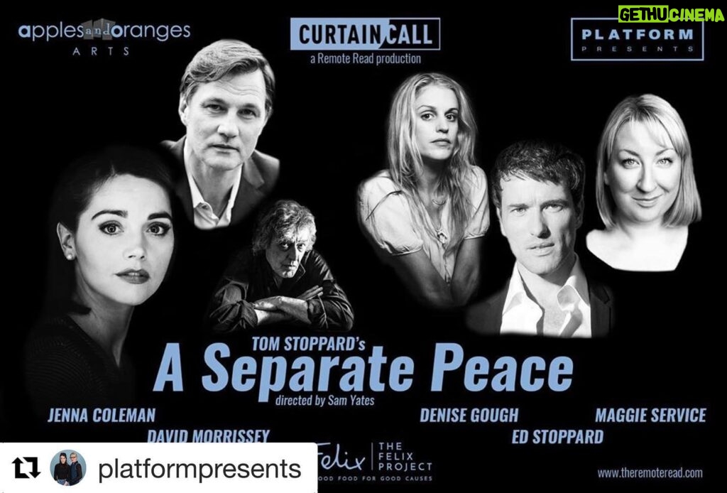 Jenna Coleman Instagram - We are doing a ‘virtual play’ see the link in my bio Repost @platformpresents ・・・ Jenna Coleman, David Morrissey, Denise Gough, Ed Stoppard & Maggie Service star in remote reading of 'A Separate Peace' by Tom Stoppard. . This is no ordinary script in hand reading - this performance has a full creative & production team behind it & will be directed by award-winning film & theatre director Sam Yates. . A new frontier for live theatre, creating new digital versions of traditional stage jobs - this innovative project is the first of its kind, developing a piece entirely remotely. . All profits from ticket sales will be split between a donation to The Felix Project. & the creatives & technicians forced out of work by the Covid-19 pandemic. . Link in bio to buy tickets 🎫 . Produced by us, @curtaincall & @appleasandorangesarts . #JennaColeman #DeniseGough #DavidMorrissey #EdStoppard #MaggieService #TomStoppard #Virtual #Theatre #SamYates #TheFelixProject
