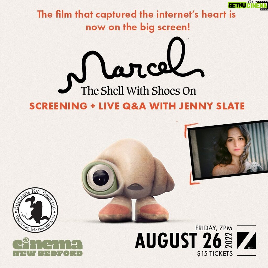 Jenny Slate Instagram - HI MASSACHUSETTS! I will be in New Bedford @zeiterion for this special screening of @marcelthemovie and I think you should come! Stay for dinner the Q&A! I will A all of the Q’s for sure. 8/26! Tix on sale now!