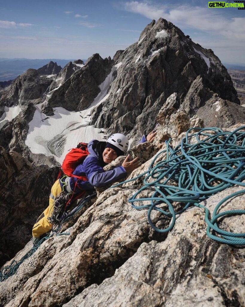 Jimmy Chin Instagram - I often take things for granted in the mountains since I’m usually focused on the climbing, efficiency, and speed. It was nice to be reminded by @brielarson to slow down and enjoy the first sun and warm rock of the day after a frigid morning and cold pitch below. I’d never thought of hugging the mountain before either (see the second shot) 😂 I think she was pretty stoked to be at the belay. This was from a 16-hour round-trip push on the Petzoldt Ridge of the Grand Teton. Proud first route on the GT for Brie and @risemovement. There may have been a little sandbagging involved... @dougworkman @chrisfigenshau @clairpopkin