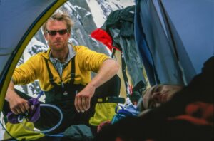 Jimmy Chin Instagram - Tent life with @conrad_anker and @brady_robinson. During the first week of our 2001 expedition to K7, Brady  and I noticed that Conrad always got up before us. We didn't want to seem lazy, so we started getting up earlier and earlier every morning. But each day, Conrad was making coffee or organizing gear by the time we were out of our tents. The night before attempting K7, the three of us agreed to wake up at 3 a.m. Brady and I secretly decided to wake up at 2 a.m. to get ready before Conrad. That morning, Brady and I woke early, quietly gathered our gear, and exited our tent in the dark. As we rushed to load our packs, a headlamp clicked on nearby. I looked over to see Conrad leaning casually against a rock with his pack shouldered and ready to go. I shook my head in awe and disbelief.

@thenorthface