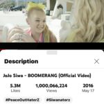 JoJo Siwa Instagram - 1,000,000,000🥹. What an insane feeling. Sharing some never before seen BTS from the set of boomerang (personally last slide is my favorite). That face is the opposite of how I’m feeling right now. I truly am so grateful for this song and music video for SO many reasons. I never expected this song to become what it has. The amount of people that tell me stories of how boomerang helps them get through different situations is crazy… kids in hospitals, kids in school, kids in life, and just people and life in general. This song is all about how you can come back from anything. I’m crying while writing this just thinking of the last eight years, all of the memories that I have had with this song, it truly blows my mind at what it’s become. There are so many people to thank, the team behind the music video, the team IN the music video, the team behind the song, the team behind me and of course all of the SIWANATORZ. I don’t let myself be proud of much, but this song and what it’s accomplished is something that I am SO proud of 12-year-old me for. She created this. 🙏🏼