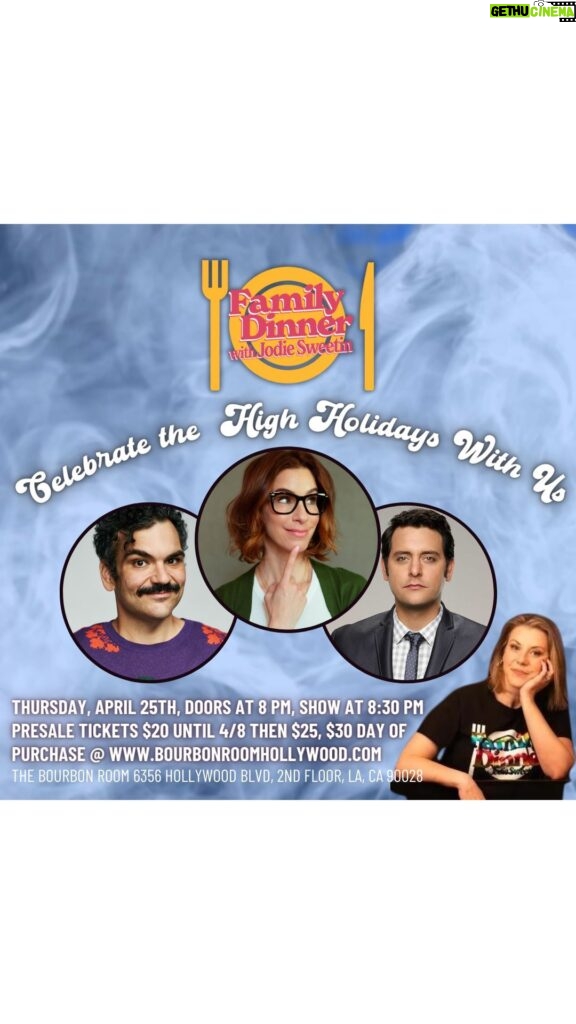 Jodie Sweetin Instagram - 💨 April Lineup just announced 💨 Family Dinner returns in April to celebrate the High Holidays featuring comedians @nicoleaimee (Comedy Central), @bengleib (Showtime), @iankarmel (The Late Late Show). They’ll be taking you on a High Holiday journey with your host, the inimitable @jodiesweetin on Thursday, April 25th at 8:30 pm. At the @BourbonRoomHollywood! Tickets are $20 during the Presale which ends 4/8 so get them now. Then $25 until the day of the show when tickets will be $30. Last month was insane and we know this one will be next level. Tix link in bio or at www.bourbonroomhollywood.