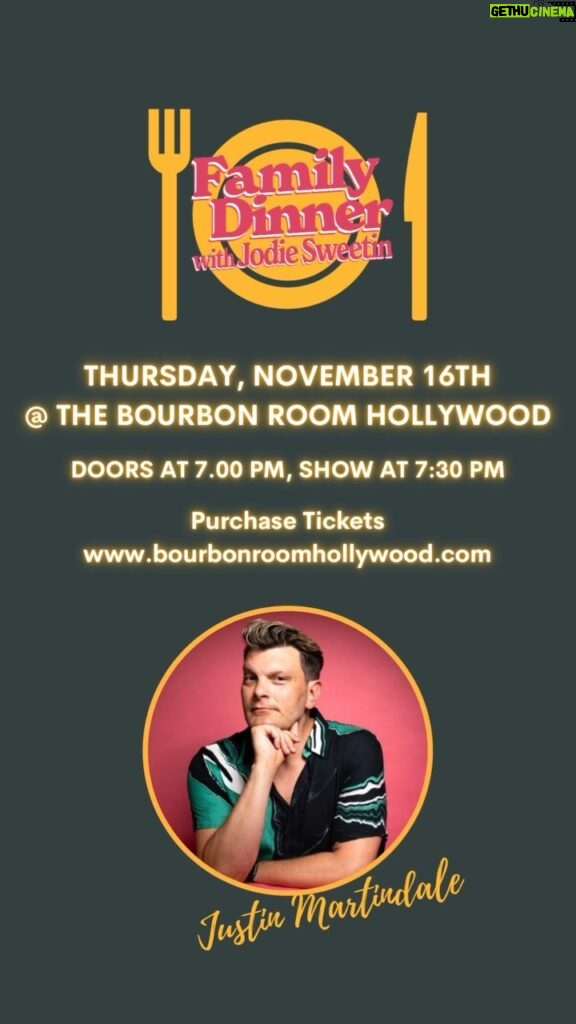 Jodie Sweetin Instagram - Tonight’s the night! Family Dinner starts at @ 7:30 pm sharp so don’t be late! We’ll be at the @bourbonroomhollywood to share a meal with comedian and host of the of the Just Sayin’ podcast, @justinmartindale. Justin is cooking up something real good to share with us at Family Dinner where’ll be serving up laughs and more! You can get tickets right now at bourbonroomhollywood.com or the link in our bio! #familydinner #familydinnerwithjodiesweetin