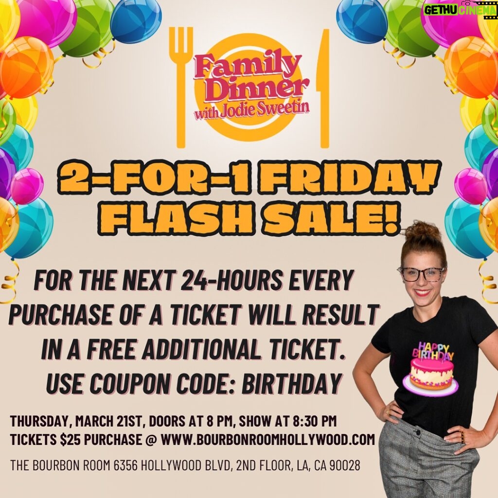 Jodie Sweetin Instagram - It would’t be a birthday party if we didn’t pull out all the stops. For the next 24 hours you can get 2 tickets for the price of 1. Just use the coupon code: BIRTHDAY. Get these tickets now because there’s only a limited amount and when they’re gone, they’re gone. 🎟️ Ticket link 🎟️ in our bio or get them at at www.bourbonroomhollywood.com!