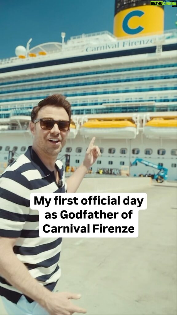 Jonathan Bennett Instagram - I’m officially a Godfather! @Carnival Firenze’s naming ceremony in Long Beach yesterday was so much FUN! Thank you Carnival for the honor of being named Godfather of this gorgeous ship. I can’t wait to see all the fun everyone has on Firenze…me included! #CarnivalPartner