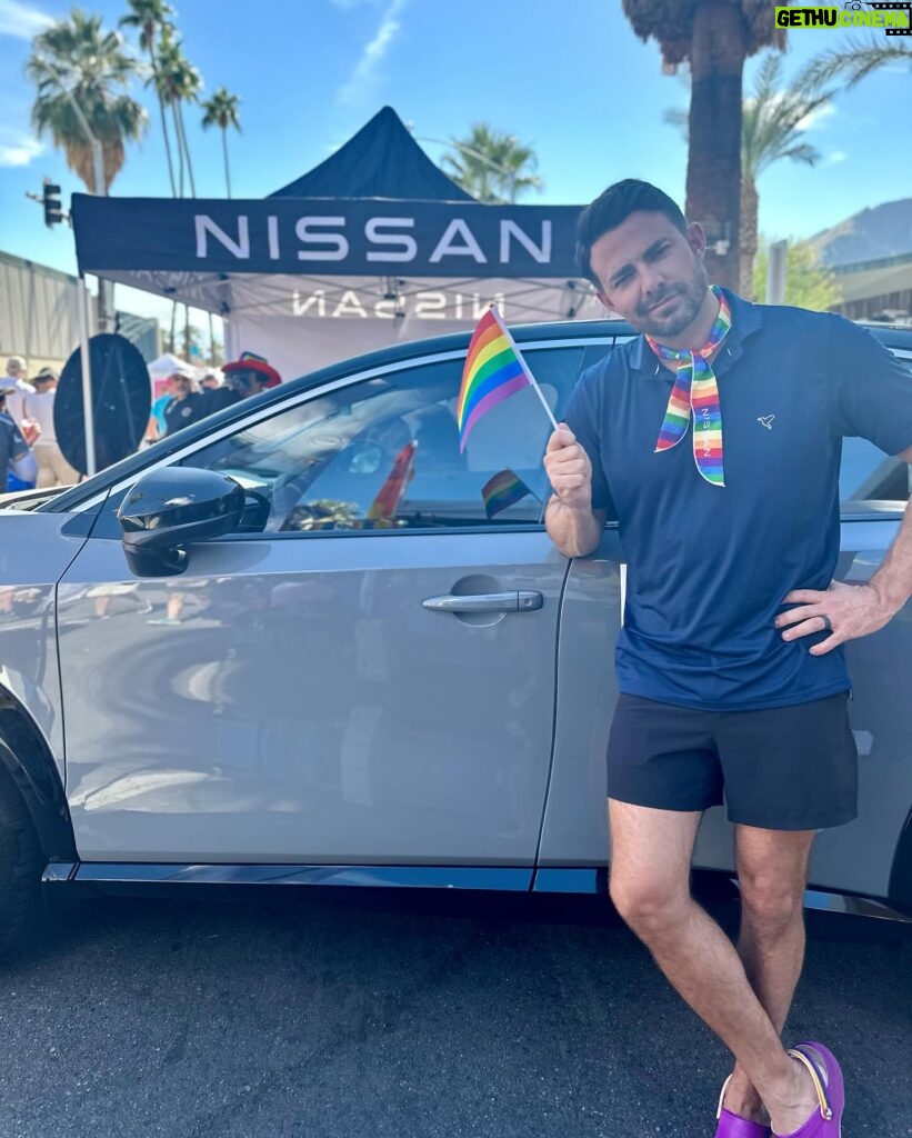 Jonathan Bennett Instagram - Hung out with my @nissanusa Kicks and ARIYA at Palm Springs Pride this year. Which do you think looks best on me? So proud to be representing all the work Nissan does for the LGBTQ community, because they truly are #PartnersOfProgress #lgbtq #pride