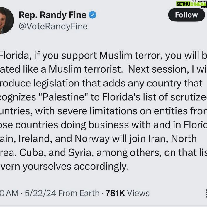 Joy Reid Instagram - This is insane. So now politicians are joining reactionary college administrations in criminalizing the mere mention of or support for a state of #Palestine that is already an observing member of the U.N. How do you criminalize the mere mention of a state or a people??? . Repost from @aymanm • A Florida state representative says he will punish entities from countries that recognize “Palestine” as a state after Ireland, Spain and Norway announced they will be doing so. Never mind you that 143 countries already recognize Palestine as a state. Never mind you that official American foreign policy is to establish an independent Palestinian state. He also equates the recognition and support of a Palestinian state as “support for Muslim terrorism” which warrants consequences that we have used against so-called “Muslim terrorism” in the past… actions that have included torture, rendition, sexual abuse, extrajudicial executions, arbitrary detention. Islamophobia and anti-Palestinian hatred and bigotry are so normalized among American politicians that they don’t even get noticed or make news. Sure no one has ever heard of this representative but the fact that he harbors such hate and bigotry and openly flaunts it shows you the impunity that him and others like him operate with. These are people who make laws that affect tens of millions of constituents.