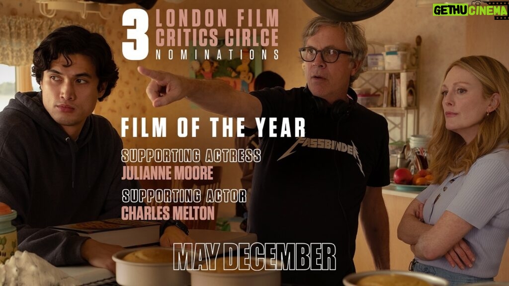 Julianne Moore Instagram - Thank you London Film Critics Circle for nominating May December for Film of the Year, Julianne Moore for Supporting Actress, and Charles Melton for Supporting Actor!