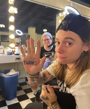 Julien Baker Instagram - 7 shows in to Wild Hearts Tour❤️ here’s a big heaping THANKS to everyone who came to the shows; to our amazing band(s) and crew(s); to Sharon, Angel, and Quinn for having me on this adventure; to @moogsynthesizers for the bloops and @boonetattoos for the ink; and to my lucky SpongeBob socks !!!🧽 (as captured by @stephportphotos )