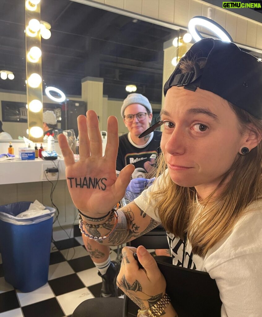 Julien Baker Instagram - 7 shows in to Wild Hearts Tour❤️ here’s a big heaping THANKS to everyone who came to the shows; to our amazing band(s) and crew(s); to Sharon, Angel, and Quinn for having me on this adventure; to @moogsynthesizers for the bloops and @boonetattoos for the ink; and to my lucky SpongeBob socks !!!🧽 (as captured by @stephportphotos )
