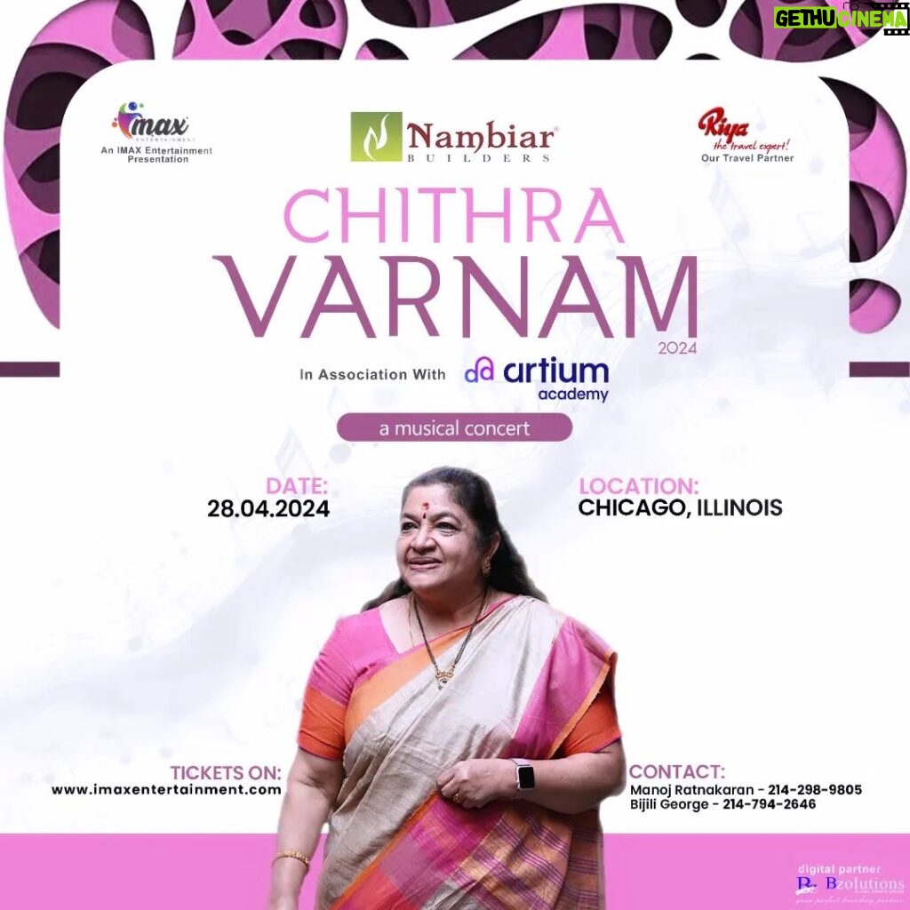 K. S. Chithra Instagram - Exciting news for music lovers in Chicago, Illinois! Get ready for an unforgettable evening at the Chithra Varnam music show featuring the legendary K.S. Chithra and the talented Sharreth. Join us on April 28th, 2024, for a mesmerizing performance that will leave you spellbound. Book your tickets now for an unforgettable musical experience! . . . . #ChithraVarnam #MusicShow #Chicago#K.S.Chithra #Sharreth#chithra#music#malayalammovies#mlayalammusic#songsmashups#songsmalayalam