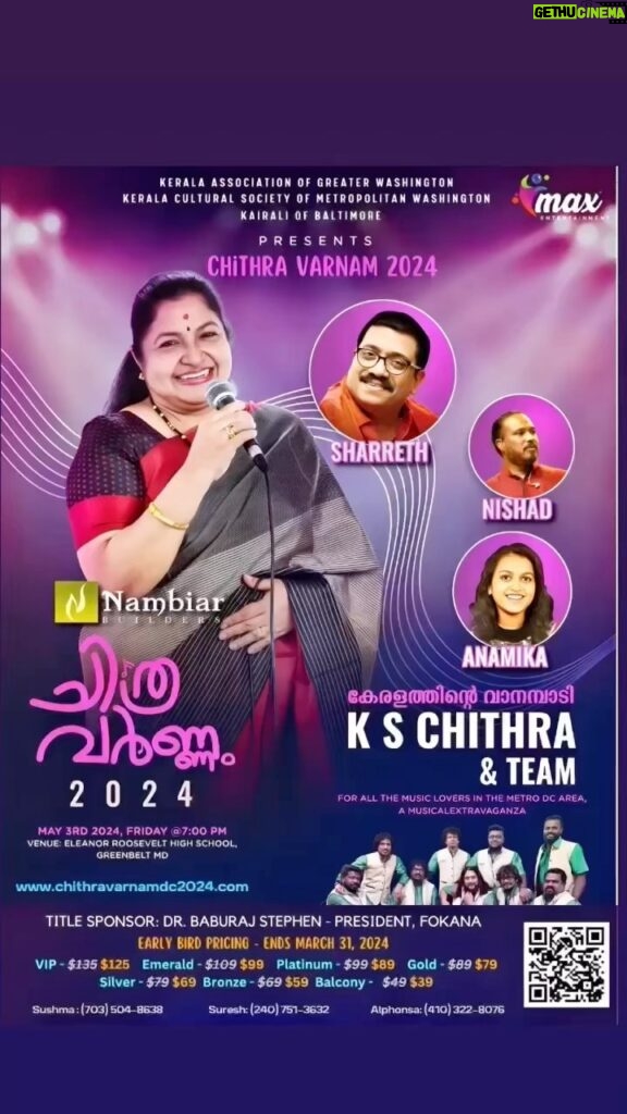 K. S. Chithra Instagram - ✨*Chithra Varnam 2024*✨ Is just around the corner with only three more days to go. Join this LIVE music extravaganza featuring the mesmerizing melodies of our very own Nightingale, KS Chithra, alongside the illustrious composer Sharreth! Joining this stellar lineup are the celebrated artists Nishad and Anamika to enthrall you with some of the greatest Malayalam, Tamil, Telugu, and Hindi all-time hits. Only few more tickets left. Hurry!!! Book your tickets NOW at https://chithravarnamdc2024.com/ if you haven’t already! 🗓️ May 3rd, Friday, at 7 pm 📍Eleanor Roosevelt High School, Greenbelt, Maryland #ChithraVarnam #songsmalayalam#MusicShow#indimusic #dmv#Sharreth#chithra#music#kschithra #malayalammovies#mlayalammusic#tamilmusic #songsmashups