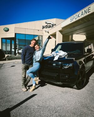 Katrin Tanja Davidsdottir Instagram - We bought our dream car! 😭😭✨ The third slide is from three years ago when we were getting my car serviced & we first saw an all-black Defender .. I took a photo of @brookslaich sitting in it & thought 💫ONE DAY💫

Since moving to Coeur d’Alene, we have been sharing one vehicle, so it also feels like I just grew wings! 🤍🪽 I AM SO HAPPY & thankful & excited for all the adventures to come in this one with my love!!!!!!!!