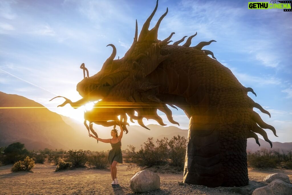 Katrina Law Instagram - MOTHER OF DRAGONS - Katrina Law poses with a dragon in the desert…the setting sun a fiery pearl of light in its mouth. Timing is everything. HAPPY YEAR OF THE DRAGON TO EVERYONE!!!