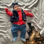 Kim Glow Instagram - Merci ma cousine pour cette jolie tenue je suis gâtée 😍 Et Mon frère qui s'incruste sur la photo avec son os préféré, toujours prêt à jouer à mes côtés. Complicité inébranlable entre nous deux . 🐾💕 #Complices #AmourInconditionnel" #baby #babygirl #malinois #bestfriends