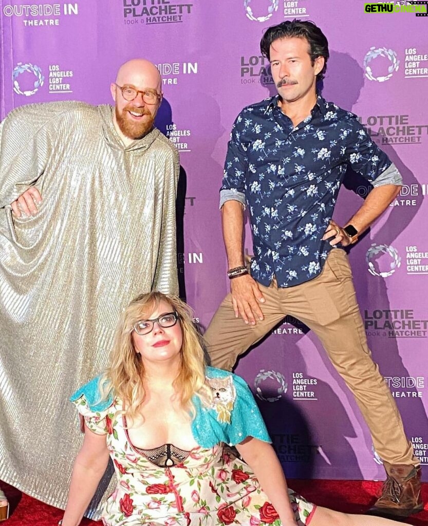 Kirsten Vangsness Instagram - #nationalcomingoutday here’s me being my queer bisexual self while being flanked by @detrinis & @muchosgarcias @lalgbtcenter where I get to romp about in #lottieplachetttookahatchet aka Queer Heaven created by @justinelizabethsayre this day is important to me because so much heartbreak happens on this planet & open visible queerness is one of one million ways way to heal the heartbreak. Here’s me, waving at you, fellow person on the LGBTQIA spectrum (& our friends) in the hopes it can ease someone else’s internalized homophobia or remind them they are valid and deserve safety and atunement. Coming Out Day is a thing that happens multiple times a month, a day. Each time I come out it’s a different cocktail - at its best it’s a mix of vulnerability, pride, bravery & joy but sometimes there’s shame in there, sometimes there’s fear, sometimes there’s a LOT of evil internal chatter. So it’s good to have a day to acknowledge this thing called coming out that many of us do because coming out is brave and wonderful and cleansing. Anything can transform with some air, time, sunshine, deep breaths and radical responsibility. Anything can transform into a more expanded thing, as we continue to come out and out and out we are part of creating a kinder more gorgeous world. Keep coming out. Even if it’s just to you. It counts. 🩷💙💜🌈🏳‍🌈💥
