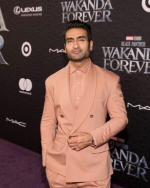 Kumail Nanjiani Instagram - Fantastic night for a fantastic film. Black Panther 2 is fun, funny, thrilling and so very very loving. I’ve never seen a movie like this. Beautiful work. 

Styling: @jeanneyangstyle @chloekeiko 
Glam: @sydneysollod 
Suit by @grayscaleic
Watch by @vacheronconstantin
Shoes by @louboutinworld