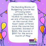 Kumiko Love Instagram - 🎉2-YEAR ANNIVERSARY SALE🎉 The Building Blocks of Budgeting Course has been out in the world for two years. For the entire month of May, we are celebrating by offering an Anniversary Sale where you can purchase the entire course for $100 (normally $260!). This low price hasn’t been offered since the release of the course two years ago! The Building Blocks of Budgeting Course took years to create and is jam-packed full of topics ranging from money mindset to defining goals to budgeting with a partner. I walk you through each lesson and module in over 50 videos, and there are over 100 printables to take notes, fill out, and utilize on your journey. For $100, the Building Blocks of Budgeting Course includes: - Access For Life - Seven Workbooks - TBM Debt Payoff Calculator - Budget by Paycheck Method In Excel & Google Sheets - Comment Support - Access To All Future Addtions - Side Hustle Manual - Six Bonus Lessons - Over 100 Printables - Over 50 Videos To purchase, head over to the link in my bio or to Courses.TheBudgetMom.Com #thebudgetmom #course #financecourse #budgetcourse #coursesale #sale #personalfinace #budgetbypaycheck