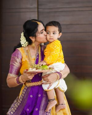 Lasya Manjunath Instagram - 💜💜💛💛
Our little prince @its.memunnu 
Kannaiah 💛🤗🧿🧿🧿

📸: @happy_portraits_photography 
Outfits : @pari.designers_ 
Mua : @themakeupshapes