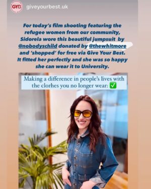 Laura Whitmore Instagram - I love the power of clothes!!! 
Give Your Best @giveyourbest.uk is a free preloved service for people in the UK who are refugees, seeking asylum or destitute. All you, the donor, have to do is upload details about an item, and when someone connected to Give Your Best chooses it online, you wrap it up and ship it off.
I’ve recently donated two bags of my clothes and so excited to see Sidorela @ss_28_01_23 in my jumpsuit! Doesn’t she look fab! #relove