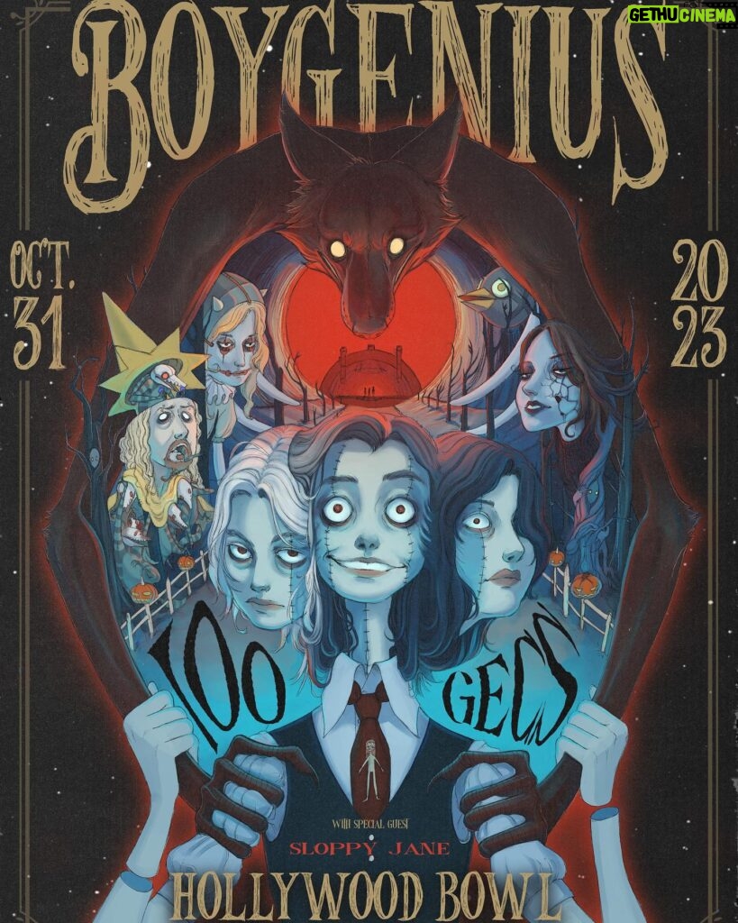 Lauren Tsai Instagram - Got to illustrate the poster for @xboygeniusx Halloween show @ Hollywood Bowl 👤👤👤 🎃 🕷️🐺🩸!