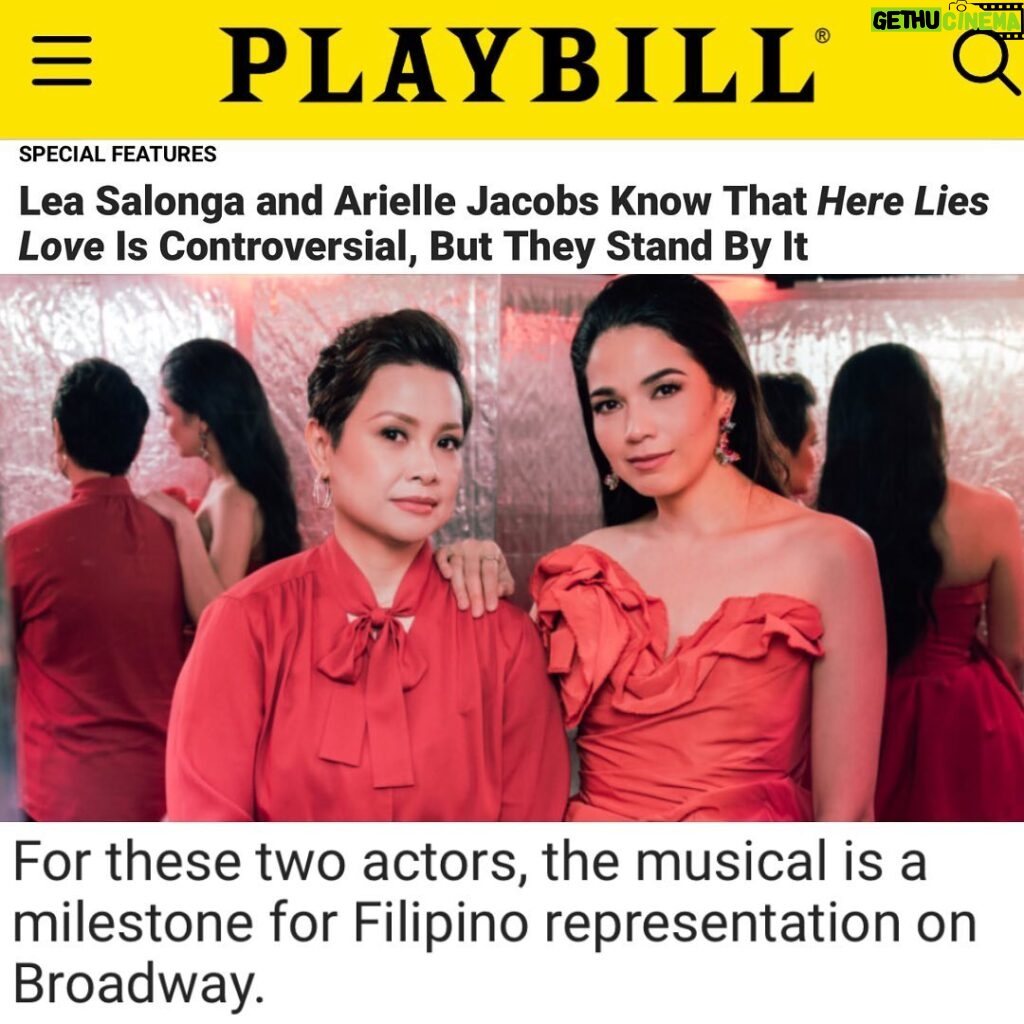 Lea Salonga Instagram - Two 🇵🇭 ladies in red. Talking about Love. And culture. And the power of history and art and storytelling. And the relevancy and impact of the story we are telling in @herelieslovebway. What an honor to speak to @playbill with one of my inspirations @msleasalonga !❤️ Link in bio! 📸: @heathergershonowitz 👗: @marchesafashion 💄: @mua.byjoh 🖊️: @dieptimes