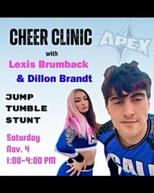 Lexi Brumback Instagram - ⚠️Attention Houston Area⚠️ @dillonbrandt and I are going to be coming this weekend (Saturday November 4th) to @officialapexcheer to host a cheer clinic 🩵 Anyone who wants to learn how to jump, tumble, & stunt from your favs, don’t hesitate to sign up :) We’ll also be doing private lessons after the clinic!