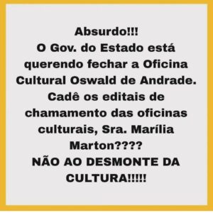 Lilian Blanc Instagram - Cadê os editais de chamamento das @oficinasculturais Cadê os editais de chamamento Sra. Marilia Marton @mariliamartonofc A Oficina Cultural Oswald de Andrade não pode fechar! NÃO AO FECHAMENTO DAS OFICINAS CULTURAIS! @oficinaculruraloswalddeandrade @valdirrivaben