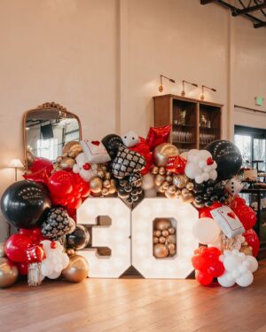 Lindsay Arnold Instagram - SURPRISE 30th BDAY PARTY✨✨ Still cannot believe we managed to pull off a surprise 30th casino night party for Sam and his cousin @kylecusick 😂 it was no easy task keeping it from them but it turned out perfect and I'm so proud of us @rach.cusick 👏🏼 would not have been possible without all of the incredibly talented people who contributed to the amazing party! 

Event design, planning, and coordination: @kenziesevents 
Venue: @thewildoak 
Photography/videography: @ambitcreative 
Balloons and backdrops: @partyfunutah 
Marquee "30": @litletters_utah 
Cake: @meganfaulknerbrown 
Florals: @brittney.designs 
Candy buffet: @kenziesevents and @zurcherspartystore 
Custom desserts: @_confettipop 
French Macarons: @mckenziesmacarons 
Cake bites/candy: @sweettoothfairy 
Royal Icing cookies: @sugar_brink 
Casino rentals: @commoncentscp 
Corn dog truck: @thecorndogcompany_ut 

#surpriseparty #30thbirthdayparty #casinoparty