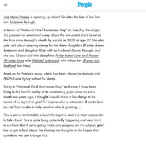 Lisa Marie Presley Instagram - Hi. In honor of it being National Grief Awareness Day , I wrote an essay about Grief which was posted today on @people . I thought I’d post it here in the hopes that anyone who needs to hear all of this it helps in some way. (link to story in Bio)