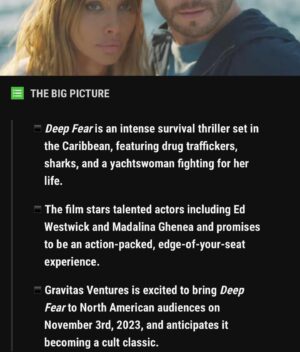 Mãdãlina Ghenea Instagram - So excited for my movie ‘Deep Fear’ @collider anticipates it becoming a cult classic  DEEP FEAR releases in the UK across select cinemas (UK and Ireland) and on Amazon, iTunes, Sky Store, Google Play, Microsoft, Rakuten, Virgin and BT from 30th October 2023. Can’t wait? Preorder now here: https://itunes.apple.com/gb/movie/deep-fear/id1710368745