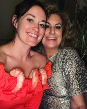 Mamrie Hart Instagram - Last night felt like the early 2010’s and my camera quality reflects that. Yes! I am wearing three cat toys to be shrimp cocktail. No, I didn’t realize they were filled with cat nip when I ordered them. Luckily, I got home safe without being pounced on by mountain lion. 🍤 @kiwilovesyou threw a rager and I am in bed eating curry at 1 PM.