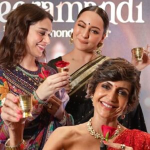 Mandira Bedi Instagram - Nothing to see here, just a little bit of ✨ Madeira ✨ with Mandira (0% alcohol 100% vibes), at the Premiere night of Heeramandi 💎

Heeramandi:The Diamond Bazaar premieres 1st May, only on Netflix!

#HeeramandiOnNetflix #SanjayLeelaBhansali @bhansaliproductions @prerna_singh6 @m_koirala @aslisona @aditiraohydari @sharminsegal @therichachadha @iamsanjeeda @fardeenfkhan @taahashah @shekhusuman @adhyayansuman @rimpleandharpreet @shriparamanijewels