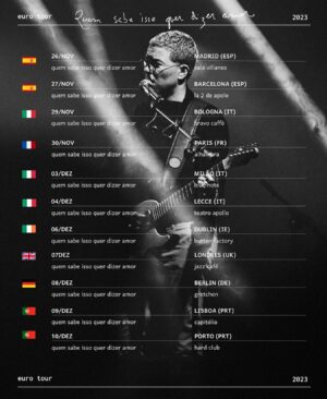 Maria Gadú Instagram - ei moçada!! novembro estaremos com tour na Europa, depois de tanto tempo!!!! 

Quem vaaaaaaaaai?? ♥️♥️♥️

26/11 - Madrid (ESP) - Sala Villanos 
(@salavillanos )

27/11 - Barcelona (ESP) - La 2 de Apolo ( @sala_apolo ) 

29/11 - Bologna (IT) - Bravo Caffè (@bravocafeoficial ) 

30/11 - Paris (FR)- Alhambra
(@alhambraparis ) 

03/12 - Milão (IT) - Blue Note
(@bluenotemilano ) 

04/12 - Lecce (IT) - Teatro Apollo 

06/12 - Dublin (IE) - Button Factory 
(@buttonfactorydub ) 

07/12 - Londres (UK)- Jazz Café 
(@thejazzcafe ) 

08/12 - Berlin (DE) - Gretchen 
(@clubgretchen ) 

09/12 - Lisboa (PRT) - Capitólio
(@cineteatrocapitolio ) 

10/12 - Porto (PRT) - Hard Club
(@hardclubporto )