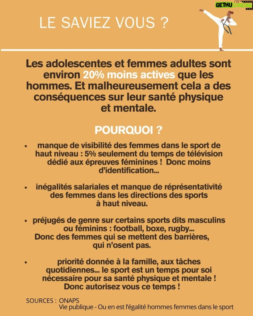 Marine Lorphelin Instagram - Il est temps que cela change 💪🏽🏋🏾‍♀️⛹🏻‍♀️ Les inégalités hommes femmes s’expriment aussi dans l’activité physique et sportive. Or elle est un levier majeur de la santé physique et mentale. Mesdames allez y, accordez vous ce temps, osez tester un sport, allez y pour vous. Et à tous, acteurs politiques, instances publiques, fédérations… faisons en sorte que cela change ! #8mars #journeedesdroitsdesfemmes #inégalités #sportfeminin