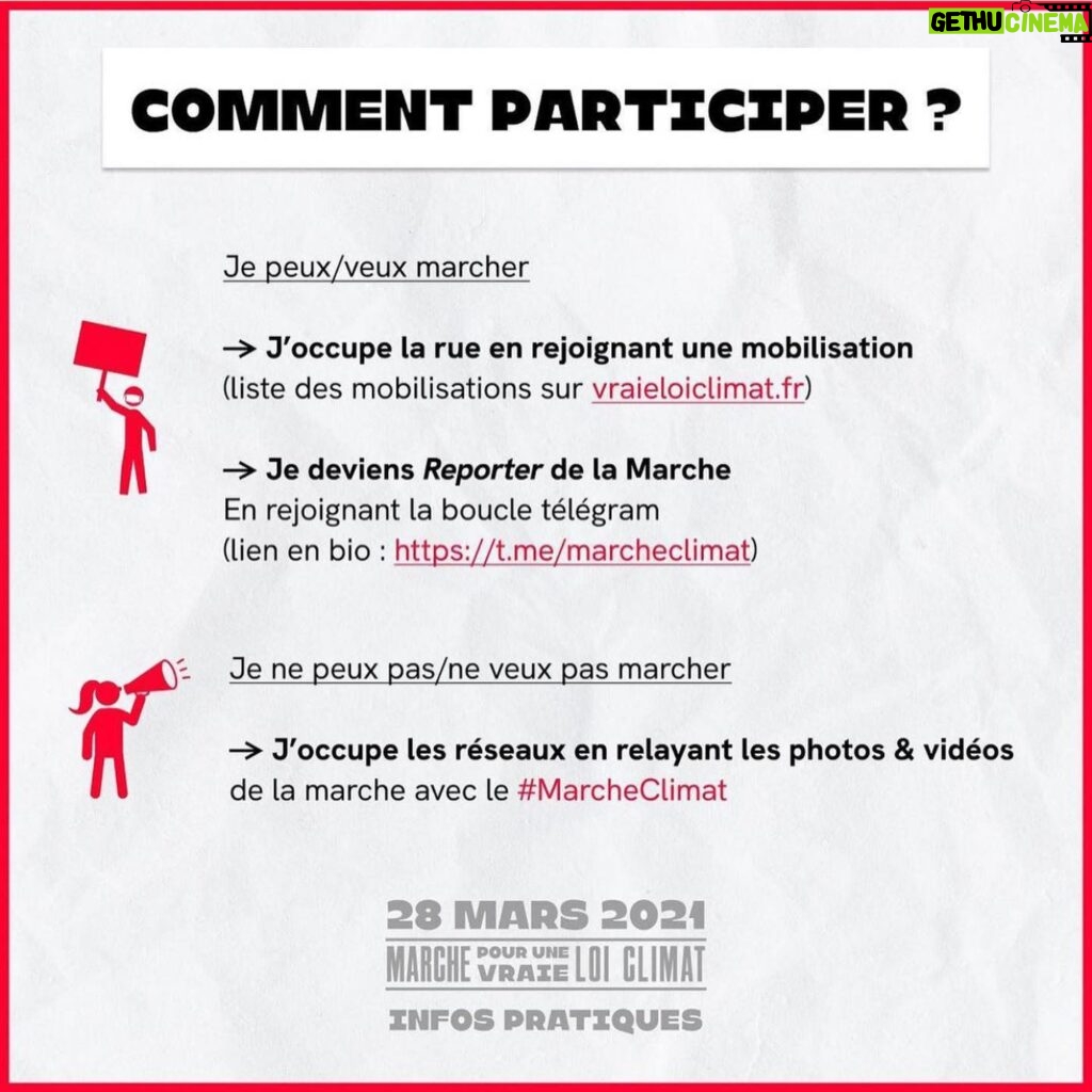 Marion Cotillard Instagram - À demain 👣👣👣👣👣👣#repost @graine_de_possible ・・・ LA PLUS GROSSE MARCHE POUR LE CLIMAT DEPUIS 2019: C'EST DEMAIN 🔥🔥 Il y a plus de 170 marches déclarées en France, retrouvez celle près de chez vous sur cette carte intéractive: https://vraieloiclimat.fr/28mars/ POURQUOI IL FAUT VENIR MARCHER: -Pour montrer que le mouvement climat est de retour. Que nous avons compris que la crise du COVID n’est qu’un échauffement avant le réchauffement. -Monter à nos députés que nous les regardons. Que nous comptons sur eux pour rehausser l’ambition de cette loi climat et aboutir à des solutions, enfin, à la hauteur de l’urgence. -Se retrouver, enfin. -Sortir de nos murs, au soleil, pancarte à la main et musique à fond. -Pour qu’on ai pas passé autant de nuits ( presque ) blanches en si peu de temps pour rien. -Pour remercier les 150 citoyens de la CCC qui ont mené, pour nous,ce travail démocratique jusqu’au bout. -On prépare une surprise à la fin - genre un truc que vous avez pas entendu depuis un an- ça commence par un C et ça finit par un T - j’en dis pas plus, à demain. POINT CORONAVIRUS: Manifester est un droit inaliénable en démocratie donc OUI la marche est bien maintenue malgré le confinement dans plusieurs régions. Toutefois si vous avez les moindres symptômes ou que vous êtes cas contact, nous vous invitons fortement à rester chez vous. ce serait ballot de faire une hécatombe d’activistes et de gens badass… Nous vous invitons pendant la marche à respecter au maximum les gestes barrières ! On a choisi exprès des rues larges ou il y a largement la place pour respecter les distanciations sociales. ( on aura l’air plus nombreux en prime ;) ) Venez masqués et avec du gel hydroalcoolique. Le succès de cette marche est entre vos mains. 🔥🔥🔥