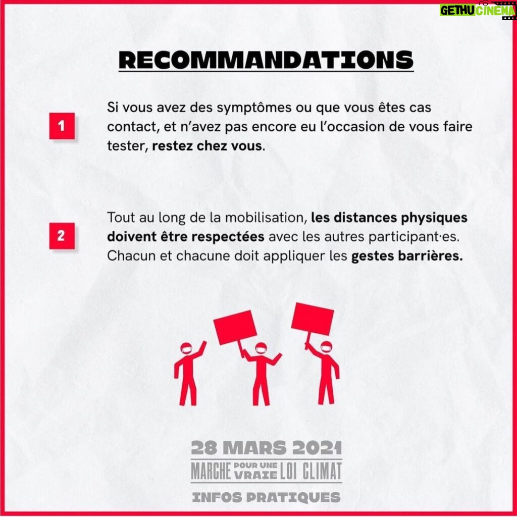 Marion Cotillard Instagram - À demain 👣👣👣👣👣👣#repost @graine_de_possible ・・・ LA PLUS GROSSE MARCHE POUR LE CLIMAT DEPUIS 2019: C'EST DEMAIN 🔥🔥 Il y a plus de 170 marches déclarées en France, retrouvez celle près de chez vous sur cette carte intéractive: https://vraieloiclimat.fr/28mars/ POURQUOI IL FAUT VENIR MARCHER: -Pour montrer que le mouvement climat est de retour. Que nous avons compris que la crise du COVID n’est qu’un échauffement avant le réchauffement. -Monter à nos députés que nous les regardons. Que nous comptons sur eux pour rehausser l’ambition de cette loi climat et aboutir à des solutions, enfin, à la hauteur de l’urgence. -Se retrouver, enfin. -Sortir de nos murs, au soleil, pancarte à la main et musique à fond. -Pour qu’on ai pas passé autant de nuits ( presque ) blanches en si peu de temps pour rien. -Pour remercier les 150 citoyens de la CCC qui ont mené, pour nous,ce travail démocratique jusqu’au bout. -On prépare une surprise à la fin - genre un truc que vous avez pas entendu depuis un an- ça commence par un C et ça finit par un T - j’en dis pas plus, à demain. POINT CORONAVIRUS: Manifester est un droit inaliénable en démocratie donc OUI la marche est bien maintenue malgré le confinement dans plusieurs régions. Toutefois si vous avez les moindres symptômes ou que vous êtes cas contact, nous vous invitons fortement à rester chez vous. ce serait ballot de faire une hécatombe d’activistes et de gens badass… Nous vous invitons pendant la marche à respecter au maximum les gestes barrières ! On a choisi exprès des rues larges ou il y a largement la place pour respecter les distanciations sociales. ( on aura l’air plus nombreux en prime ;) ) Venez masqués et avec du gel hydroalcoolique. Le succès de cette marche est entre vos mains. 🔥🔥🔥