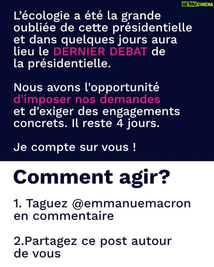 Marion Cotillard Instagram - #Repost @claire_nouvian ・・・ 🚨J’ai besoin de vous pour obtenir des engagements ambitieux et concrets pour le climat et la biodiversité. Comment agir? Merci de taguer @emmanuelmacron en commentaire et de partager ce post autour de vous. L’écologie a été la grande oubliée de cette présidentielle et dans quelques jours aura lieu le DERNIER DEBAT de la présidentielle. Nous avons l'opportunité d'imposer nos demandes et d'exiger des engagements concrets. Il reste 4 jours. Je compte sur vous ! Claire *** M. @emmanuelmacron : pas de quinquennat sans climat. 3 ans. C’est le temps qu’il reste pour réduire drastiquement les émissions de gaz à effet de serre si nous voulons conserver un monde vivable. Dans cette course contre la montre, l’océan est notre meilleur allié. Historiquement, l’océan a absorbé 93% de l'excédent de chaleur généré par les activités humaines ainsi que les émissions de gaz à effet de serre. L’océan absorbe ainsi chaque année entre un quart et près d'un tiers de nos émissions globales de CO2 et agit comme le principal régulateur du climat de notre planète. L’océan est de fait notre meilleur allié dans le combat que nous devons mener contre la crise climatique. Détruire l’océan, c’est nous condamner collectivement. Et pourtant, nous infligeons aux océans et aux pêcheurs artisans d’immenses dégâts liés aux activités de pêche industrielle. C’est à cela qu’il faut mettre fin. D’urgence. Nous avons besoin de 4 engagements concrets. (A retrouver dans les slides)